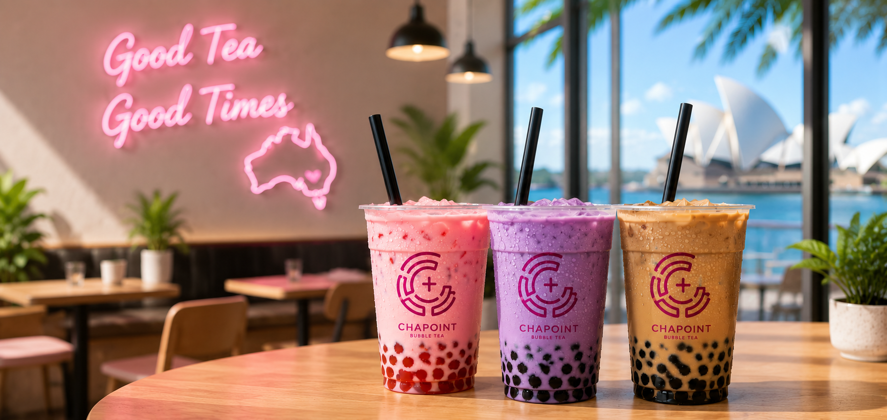 Hand holding a pink bubble tea drink on a cafe table