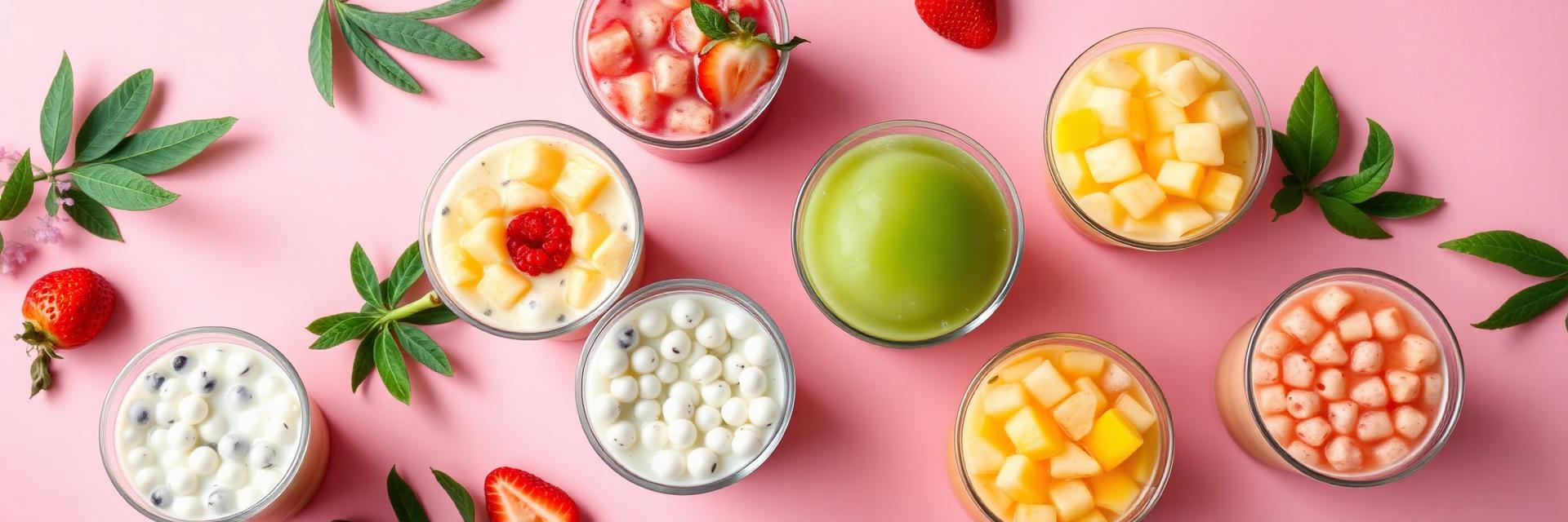 Colorful bubble tea drinks with pearls and fruit