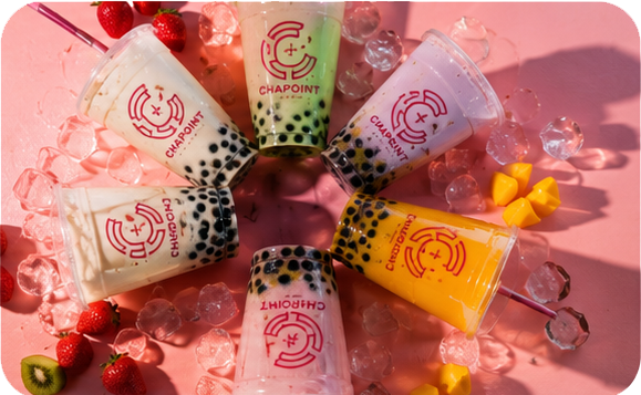 Colorful bubble tea cups flat lay