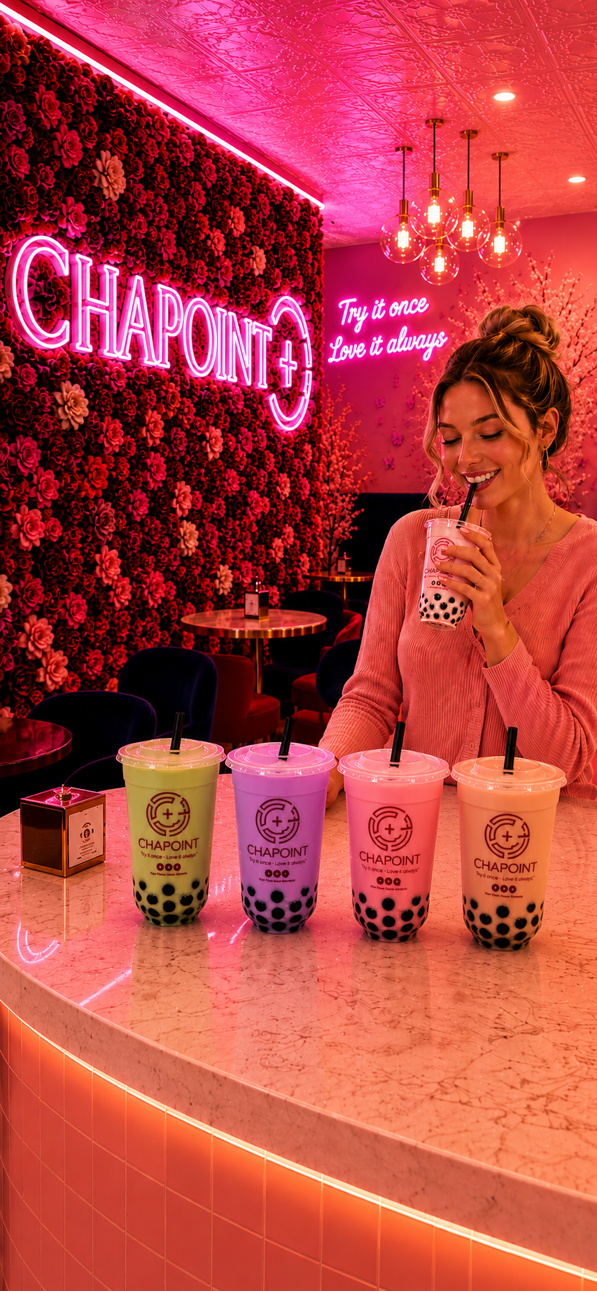 CHAPOINT flagship store interior with neon pink lighting