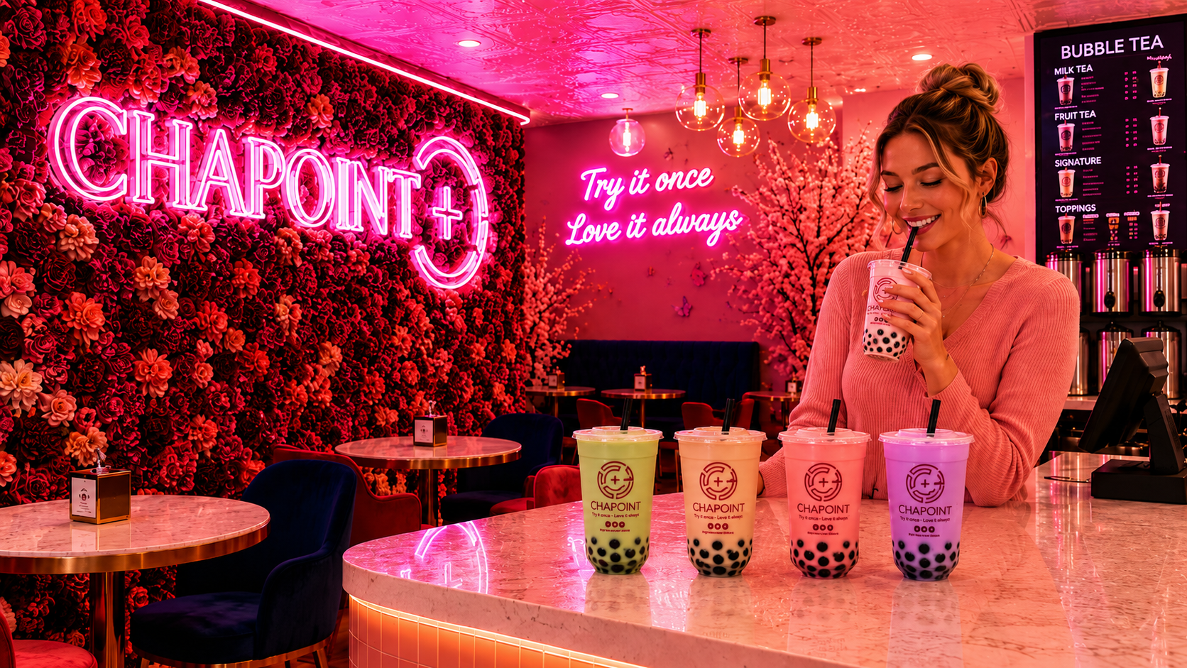 CHAPOINT flagship store interior with neon pink lighting